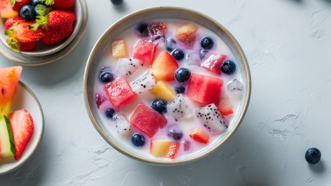 Eine Schüssel koreanische Wassermelonen-Kaltschale, Hwachae. Links im Bild sind Schalen mit frischen Früchten wie Beeren und Wassermelone zu sehen.