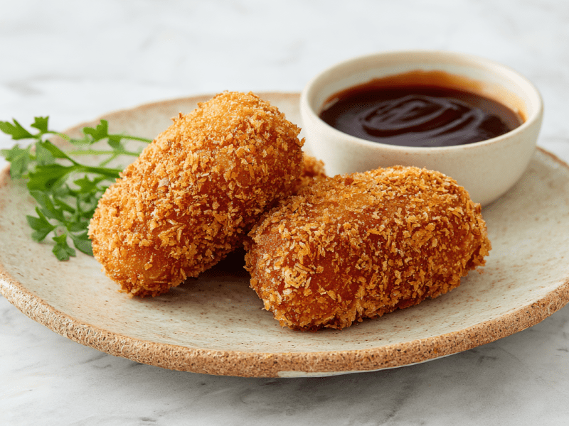 Drei Korokke liegen auf einem Keramikteller. Mit auf dem Teller steht außerdem eine Schale mit einer dickflüssigen Soße und einige Kräuter.