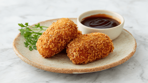 Drei Korokke liegen auf einem Keramikteller. Mit auf dem Teller steht außerdem eine Schale mit einer dickflüssigen Soße und einige Kräuter.