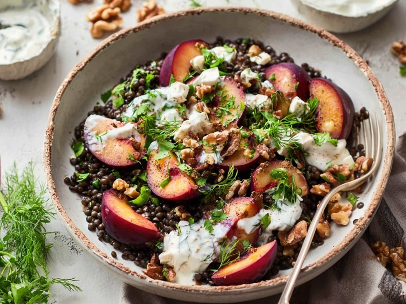 Ein Teller mit Linsensalat mit Pflaumen und Feta, der mit einer Joghurt-Dill-Dressing und frischen gehackten Kräutern garniert ist. Um den Teller herum liegen frische Pflaumen, rote Zwiebelstücke, frische Kräuter und einige Walnüsse verteilt.