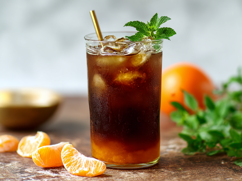 Ein Glas Mandarinen-Americano, garniert mit Minze.