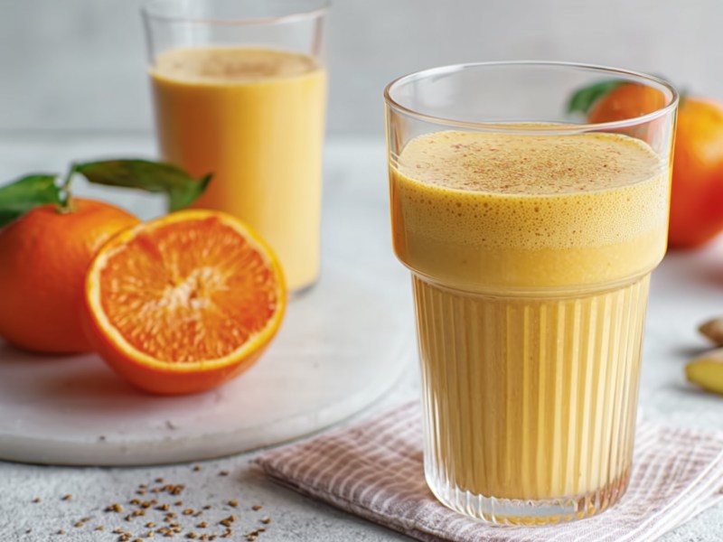 Zwei Gläser Mandarinen-Lassi. Daneben liegen frische früchte.