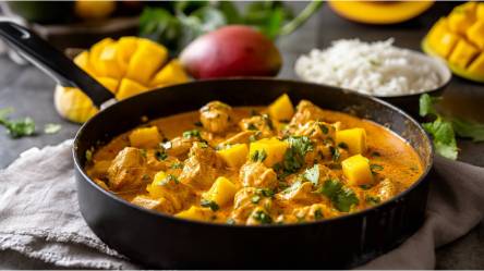 Pfanne mit Mango-Hähnchen-Curry, Mango und Schale Reis daneben