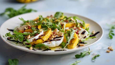 Ein Teller mit Mango-Mozzarella-Caprese. Ringsum liegen etwas frischer Rucola und ein paar Pinienkerne herum.