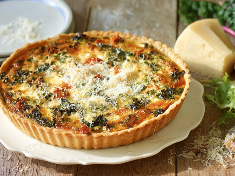 Eine Mangold-Parmesan-Tarte, bestreut mit Parmesan.