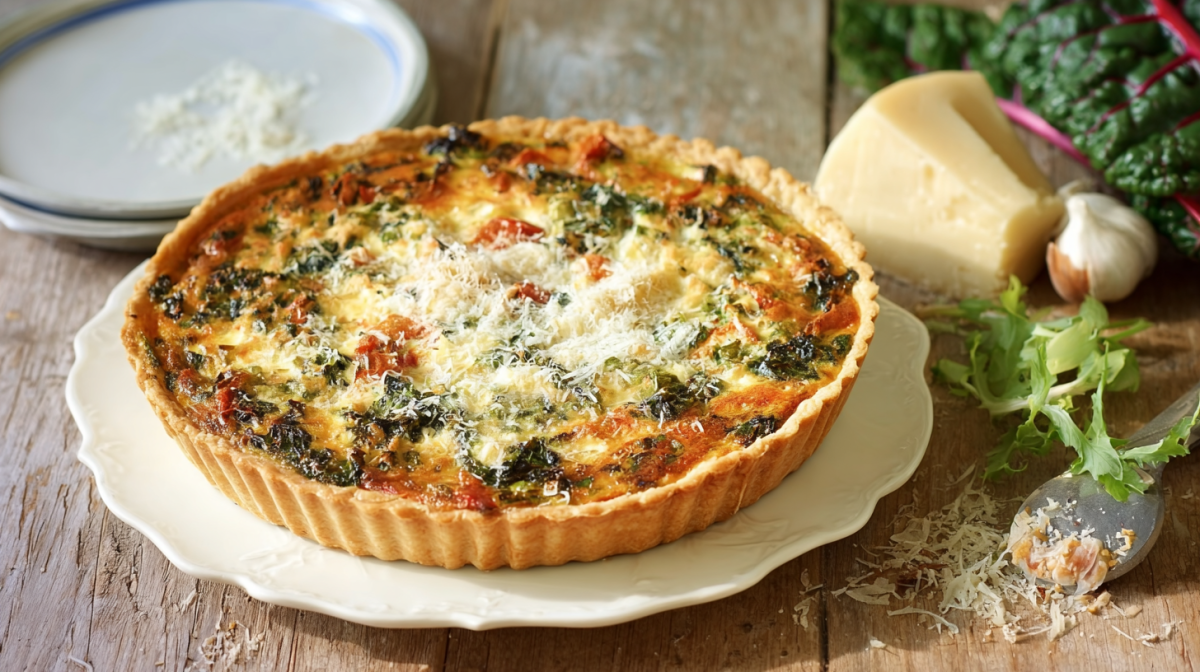 Eine Mangold-Parmesan-Tarte, bestreut mit Parmesan.