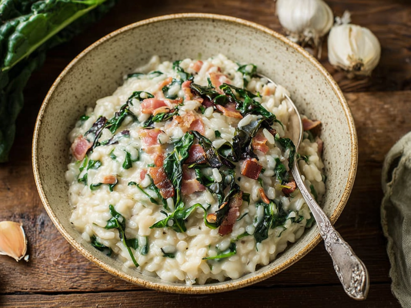 Eine Schale Mangold-Risotto mit Bacon und Knoblauch.
