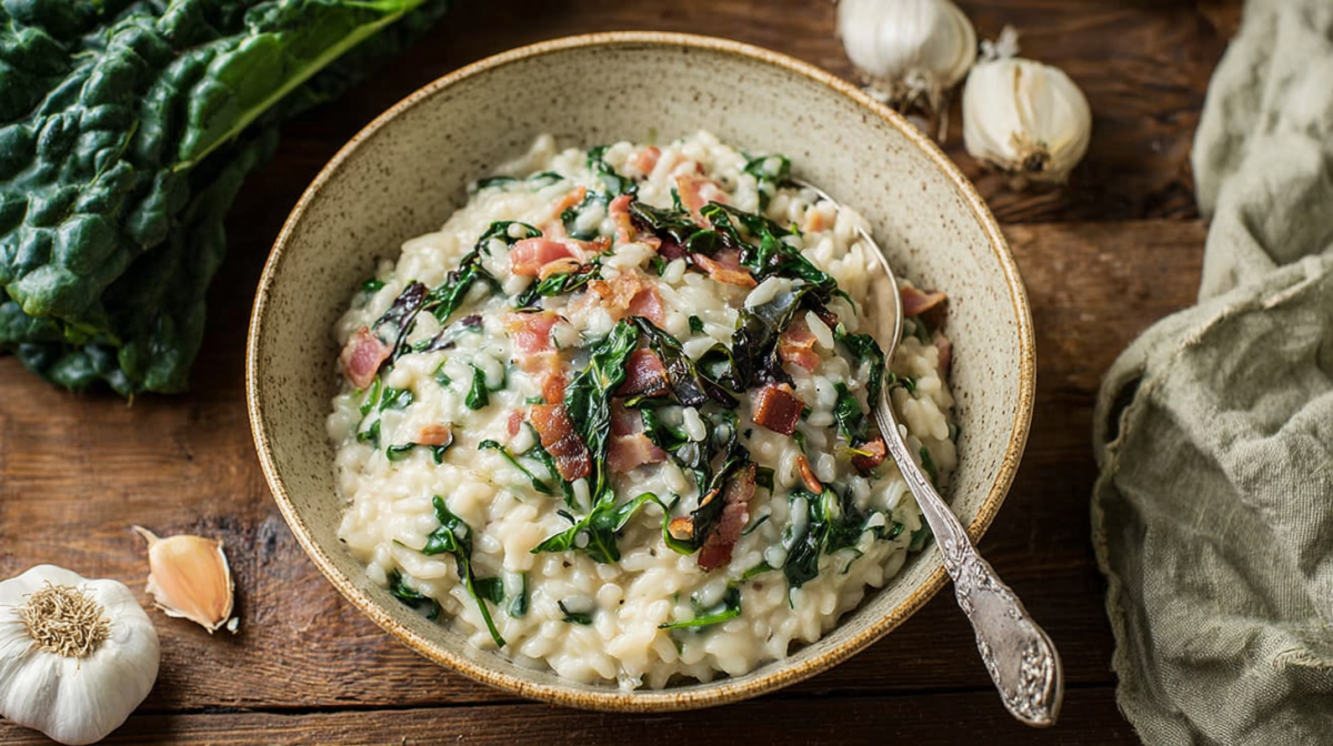 Eine Schale Mangold-Risotto mit Bacon und Knoblauch.