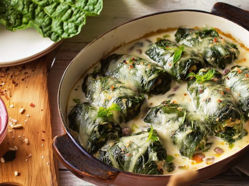 Mangoldrouladen mit Frischkäsesoße in einer Auflaufform.