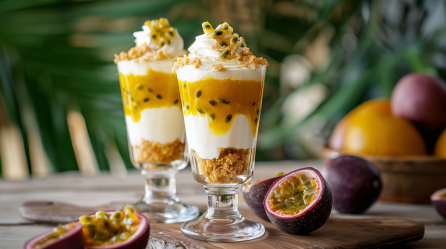 Zwei Gläser mit Maracuja-Dessert mit Buttermilchreme. Als Deko liegen aufgeschnittene Maracuja außen herum.