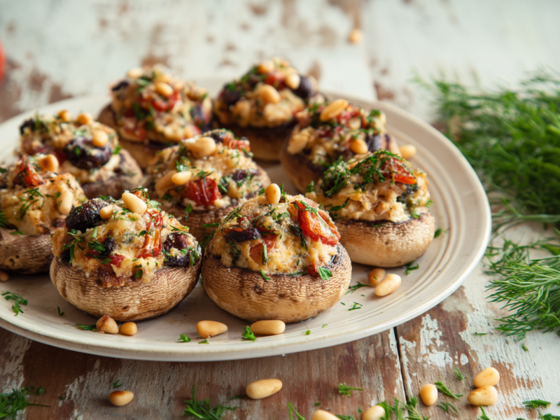 Mediterran gefüllte Champignons auf einem weißen Teller auf einem Holztisch. Hinten links liegen einige Tomaten, rechts im BIld ist Dill zu sehen. Der Teller ist umgeben von angerösteten Pinienkernen.