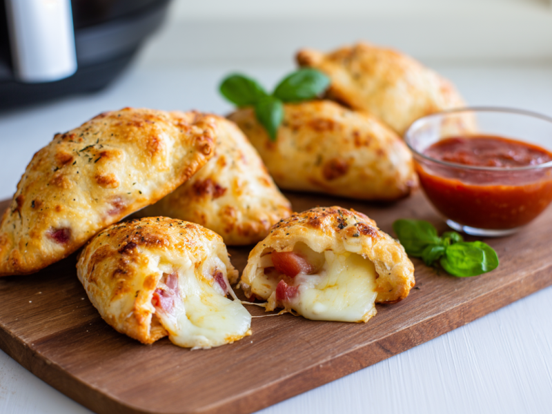 Ein Brett mit Mini-Calzones aus dem Airfryer.