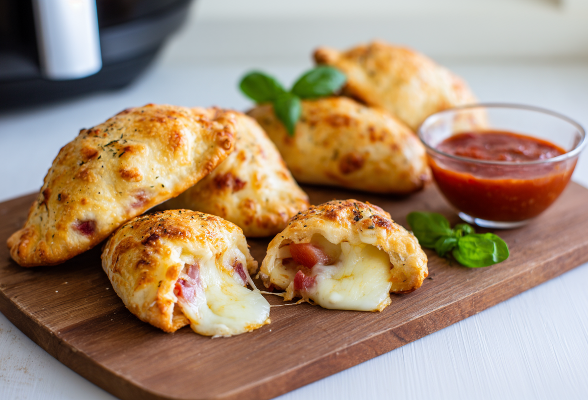 Ein Brett mit Mini-Calzones aus dem Airfryer.