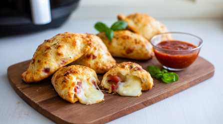 Ein Brett mit Mini-Calzones aus dem Airfryer.