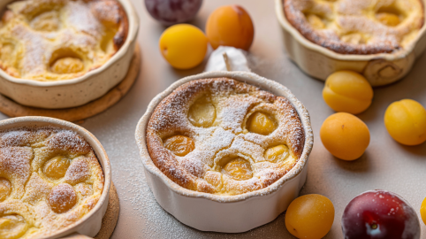Einige Mini-Clafoutis mit Mirabellen, daneben frische Mirabellen.