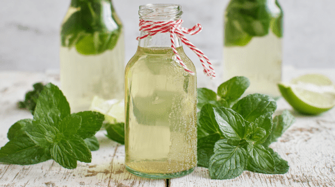 Eine Flasche mit Minz-Sirup steht im Fokus. Links und rechts daneben liegen Minzblätter. Im Hintergrund sieht man zwei weitere Flaschen mit dem Sirup sowie einige Limettenstücke.