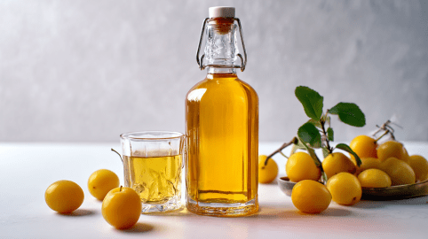 Eine Flasche Mirabellenlikör, daneben ein Glas und einige Früchte.