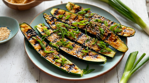 Ein Teller mit Miso-Zucchini, bestreut mit Sesam und Frühlingszwiebeln.
