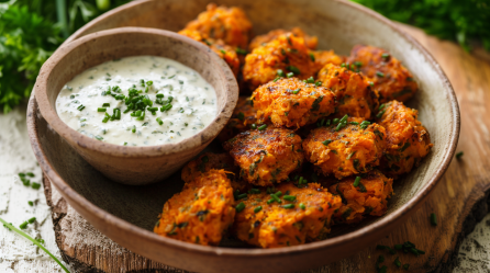 Eine Schale mit Möhren-Nuggets auf einem rustikalen Untersetzer. Mit in der Schale steht ein Schälchen mit einem passenden Dip.