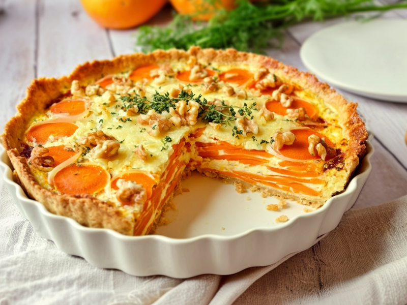 Eine angeschnittene Möhrentarte noch in der Tarteform. Sie steht auf einem beigen Tuch auf einem grauen Tisch. Rechts im Bild sieht man noch einen Teller mit einem Tartestück sowie zwei Walnüsse. Im Hintergrund liegen einige Kräuter.
