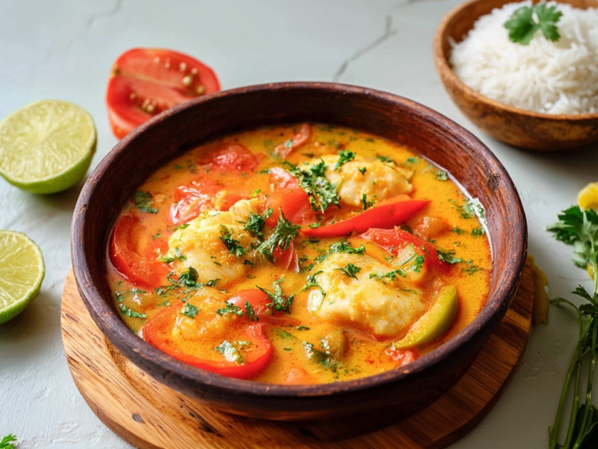 Eine Schüssel mit Moqueca, einem brasilianischen Fischeintopf. Die Schüssel steht auf einem kleinen runden Brett. Ringsum liegen Limettenhälften, Koriander, eine halbe Tomate sowie gelbe Paprikastücke. Außerdem ist eine Schale mit Reis zu sehen.