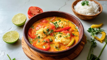 Eine Schüssel mit Moqueca, einem brasilianischen Fischeintopf. Die Schüssel steht auf einem kleinen runden Brett. Ringsum liegen Limettenhälften, Koriander, eine halbe Tomate sowie gelbe Paprikastücke. Außerdem ist eine Schale mit Reis zu sehen.