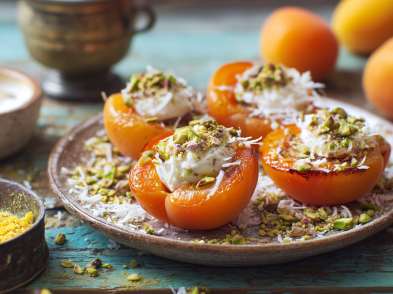 Ein Teller mit Ofenaprikosen mit Zitronencreme, angerichtet mit Pistazienkernen und Kokosflocken. Herum liegen Aprkosen, Kokosflocken und Zitronenabrieb als Deko.