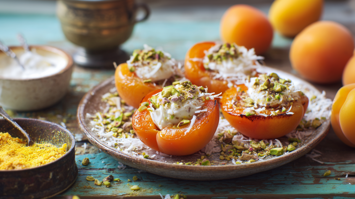Ein Teller mit Ofenaprikosen mit Zitronencreme, angerichtet mit Pistazienkernen und Kokosflocken. Herum liegen Aprkosen, Kokosflocken und Zitronenabrieb als Deko.