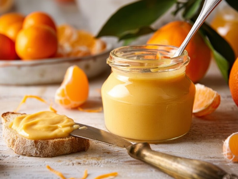 Ein Glas selbst gemachtes Orangen-Curd. Im Glas steckt ein Löffel. Daneben liegt eine kleine Scheibe Brot mit Orangen-Curd. Das Messer liegt noch mit Orangen-Curd darauf. Ansonsten kann man frische Orangen und Orangenstücke erkennen.