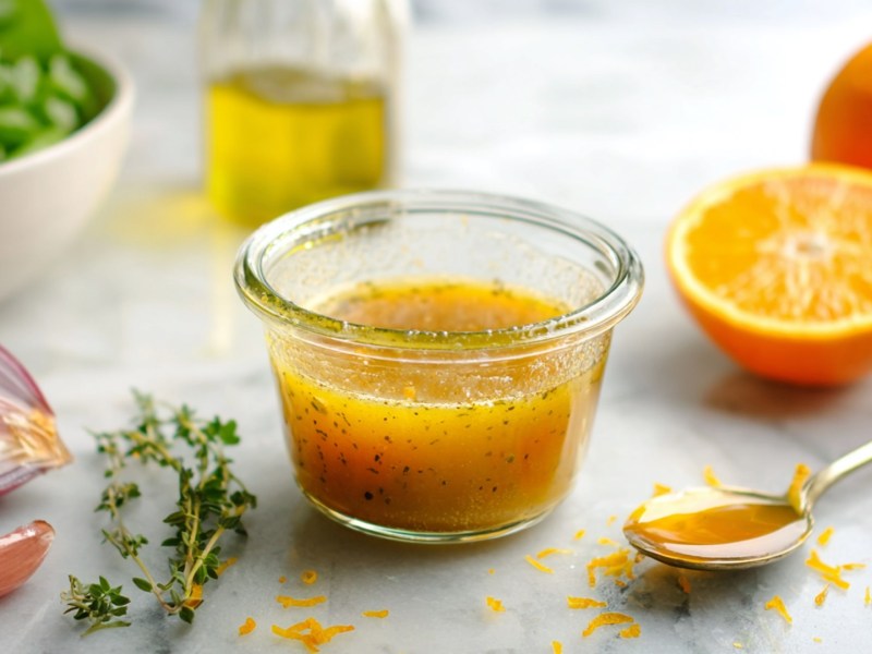 Eine kleine Glasschale mit Orangen-Vinaigrette. Außerdem ist eine Orangenhälfte und eine ganze Orange, Orangenzeste, eine Löffel Honig, etwas frischer Oregano, eine halbe rote Zwiebel, eine Knoblauchzehe, ein Gefäß mit Olivenöl sowie eine Salatschüssel zu sehen.