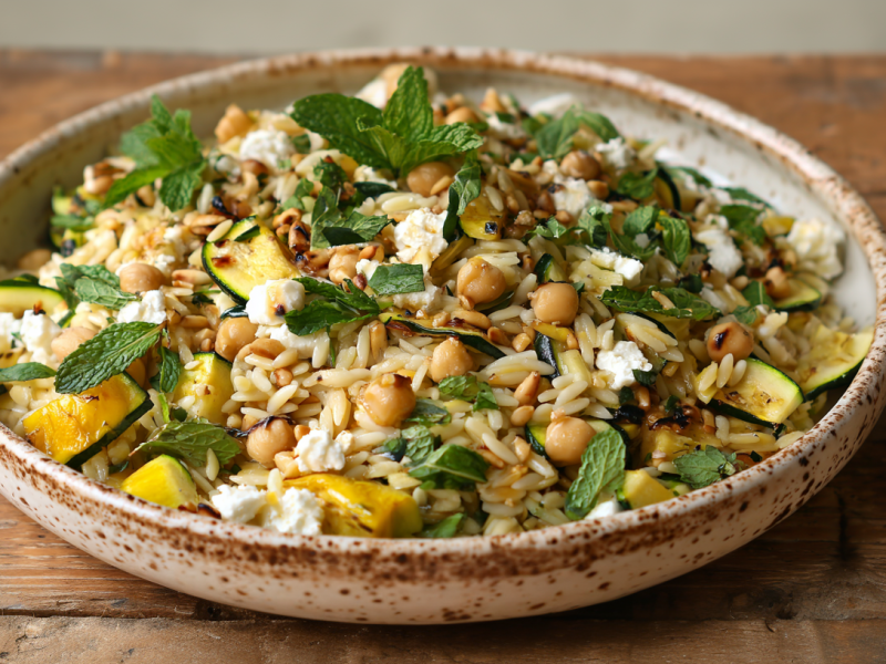 Ein Teller mit Orzo-Zucchini-Salat auf einem rustikalen Holztisch. Der Salat ist mit frischen Minzblättern bestreut. Man erkennt deutlich Zucchini, Kichererbsen und Ziegenkäse.