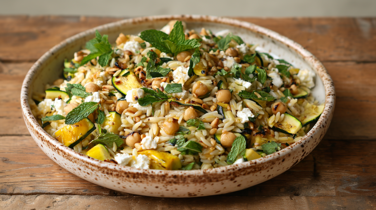 Ein Teller mit Orzo-Zucchini-Salat auf einem rustikalen Holztisch. Der Salat ist mit frischen Minzblättern bestreut. Man erkennt deutlich Zucchini, Kichererbsen und Ziegenkäse.