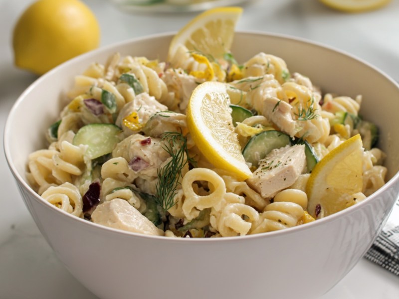 Eine Schüssel Pastasalat mit Zitrone und Hähnchen.