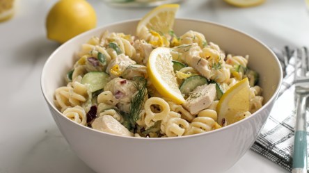 Eine Schüssel Pastasalat mit Zitrone und Hähnchen.