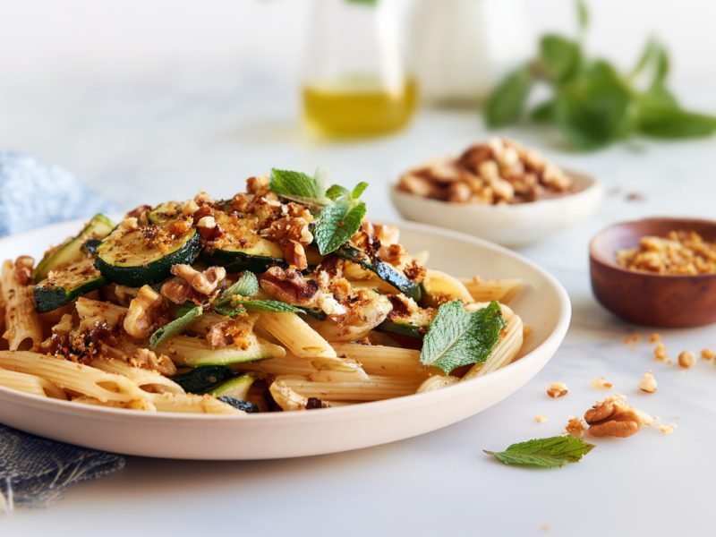 Ein Teller mit Penne mit Zucchini, Walnüssen und Minze