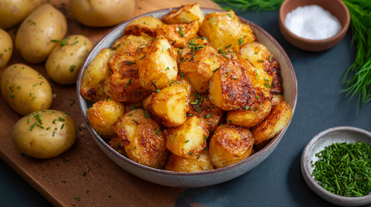 Eine Schüssel voll mit perfekten Ofenkartoffeln, daneben Kartoffeln, Salz und Kräuter.