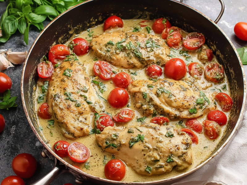 Pesto-Hähnchen mit Kirschtomaten in einer tiefen Pfanne.