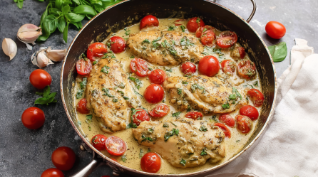 Pesto-Hähnchen mit Kirschtomaten in einer tiefen Pfanne.