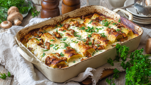 Eine Auflaufform mit Pfifferling-Cannelloni auf einem weißen Tuch. Um die Form verteilt liegen verschiedene Zutaten, wie Champignons, Petersilie und eine Salz- und Pfeffermühle.
