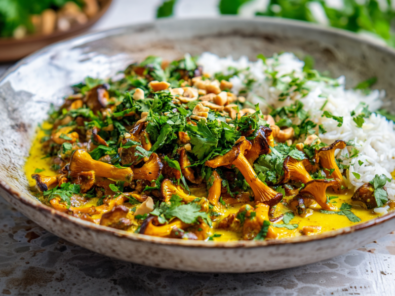 Ein Teller Pfifferling-Curry auf einem marmorierten Untergrund. Im Hintergrund sieht man noch einigen frischen Koriander. Das Curry ist goldfarben, mit Reis serviert und mit Erdnüssen und Koriander garniert.