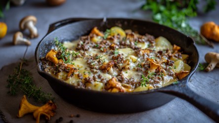 Eine Pfifferling-Hack-Pfanne mit Kartoffeln, die mit Käse überbacken und mit frischen Kräutern garniert ist. Ringsum liegen einige Pilze und frische Kräuter verstreut.