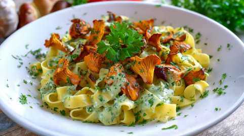 Eine Pfifferling-Nudelpfanne auf einem weißen Teller. Sie sind mit frischen Kräutern bestreut.