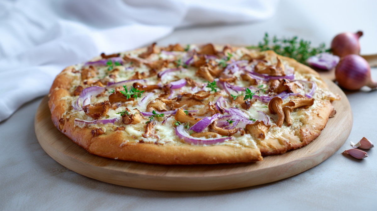 Eine Pfifferling Pizza auf einer Holzunterlage. Im Hintergrund sieht man etwas frischen Thymian sowie zwei Zwiebeln. Rechts im Bild liegen zwei kleine Knoblauchzehen.