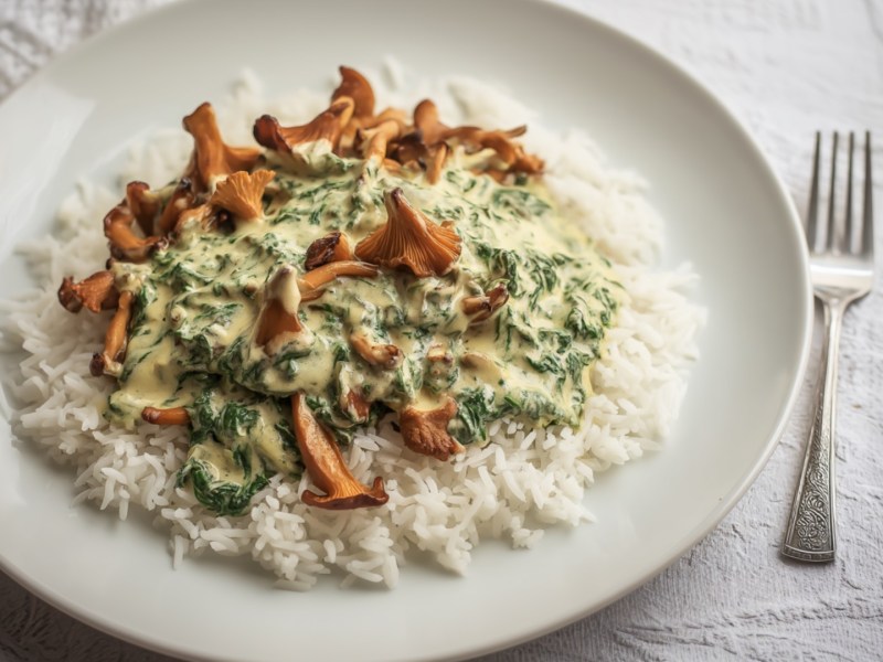 Eine Portion Pfifferlinge mit Spinat-Rahmsoße und Reis auf einem Teller.