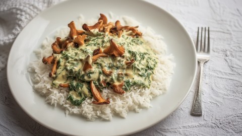 Eine Portion Pfifferlinge mit Spinat-Rahmsoße und Reis auf einem Teller.