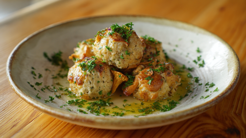 Fünf Pfifferlingsknödel, serviert in einem grauen Teller. Sie sind mit geschmolzener Butter sowie frischer Petersilie angerichtet.