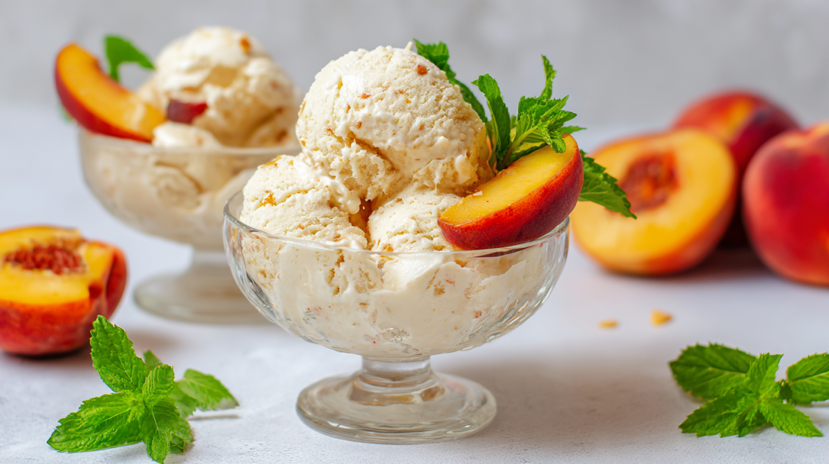 Eine Glasschale mit einem Pfirsich-Joghurt-Eis. Im Hintergrund steht eine weitere Schale sowie mehrere Pfirsiche. Links und rechts sowie in der Schale ist das Eis mit Minzblättern dekoriert.