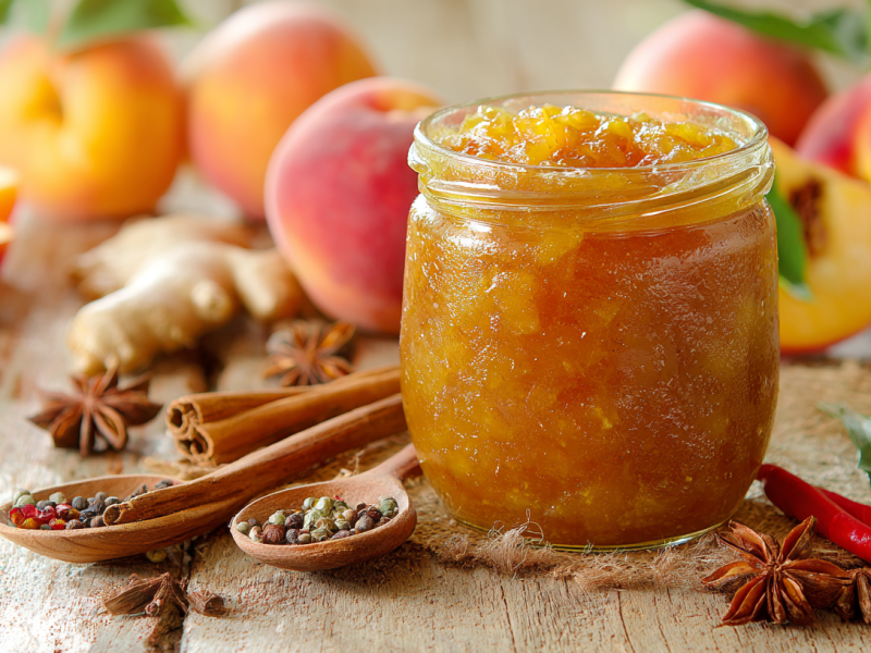 Ein Glas Pfirsich-Chutney auf einem Holztisch. Um das Glas liegen einige Zutaten verteilt. Im Hintergrund liegen frische Pfirsiche.