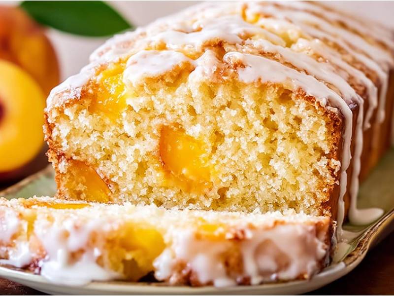 Angeschnittenes Pfirsichbrot auf einem Tisch, Pfirsiche im Hintergrund