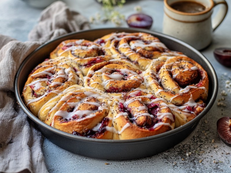 Ein rundes Backblech mit Pflaumen-Mohnschnecken, die mit einer leichten Vanille-Glasur überzogen sind. Neben der Form liegt ein Leinentuch drapiert. Außerdem ist eine kleine Kanne aus Ton mit Pflaumenmus, aufgeschnittene Pflaumen und Mohn verstreut zu sehen.